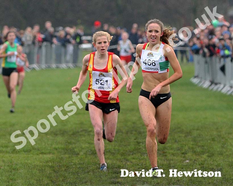 Jennifer Walsh (Spenborough AC)is beaten in a sprint finish by Emelia Gorecka, womens under-20s,  2012 McCain Liverpool Challenge.